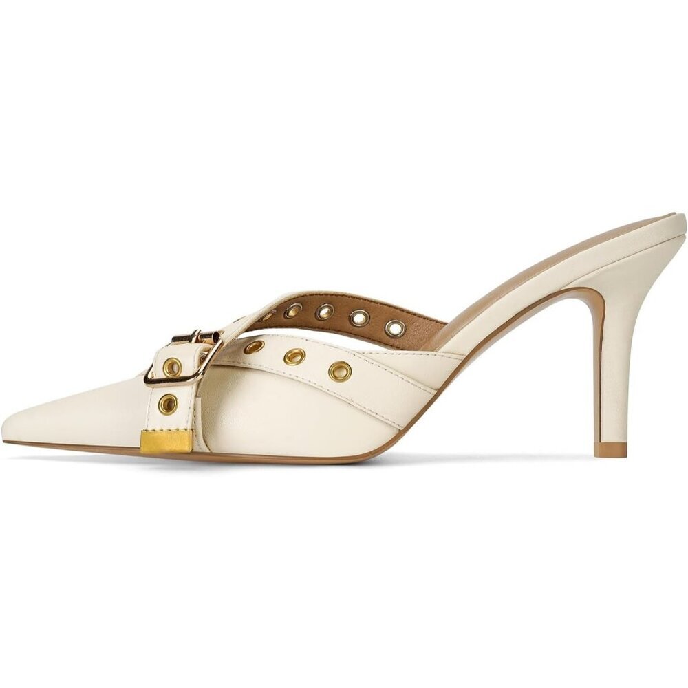 〽️Women's White Kitten Heels Studded Slip on Closed Pointed Toe Dress Pump Shoes
